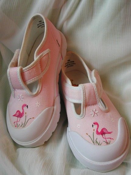 Hand Painted Toddler Girl's Pink Tennis Shoes with Pink Flamingos