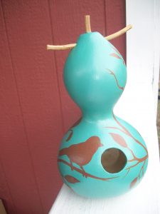 Original Custom Hand Painted Small Outdoor Birdhouse Gourd – Brown and Teal with Bird Silhouette