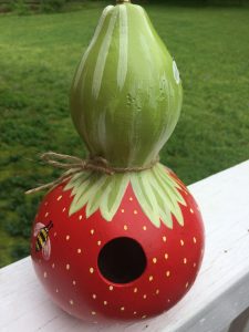 Bees on Strawberry Original Custom Hand Painted Outdoor Birdhouse Gourd with Seeds